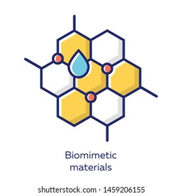 Biomimetic materials yellow color icon. Copying natural formation by human. Biological materials structure for imitate study. Honeycomb, water drop. Bioengineering. Isolated vector illustration