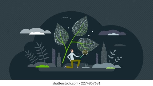 Biomimicry or biomimetics as nature elements imitation tiny person concept. Models, systems or materials usage from natural matter to human innovation vector illustration. Microbiological research.
