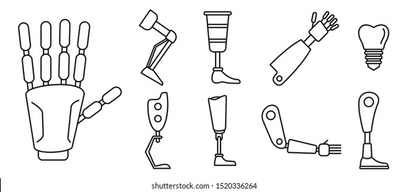 Bionic artificial limbs icons set. Outline set of bionic artificial limbs vector icons for web design isolated on white background