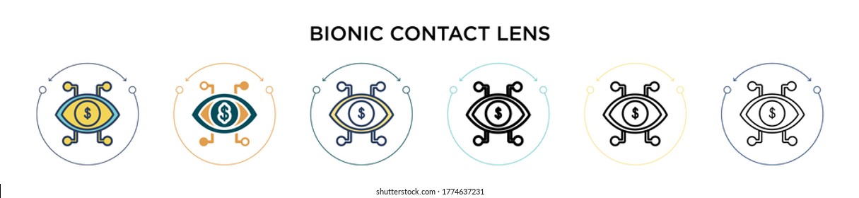 Bionic contact lens icon in filled, thin line, outline and stroke style. Vector illustration of two colored and black bionic contact lens vector icons designs can be used for mobile, ui, web