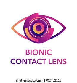 Bionic Contact Lens Logo Template. Medical Label With Cataract Implant, Clouded Lens, Cornea, Incision And Iris. Vector Pictogram