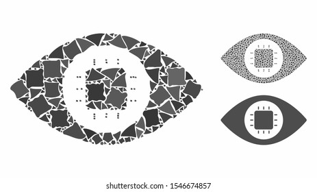 Bionic eye circuit mosaic of bumpy pieces in various sizes and color tinges, based on bionic eye circuit icon. Vector bumpy pieces are united into collage.