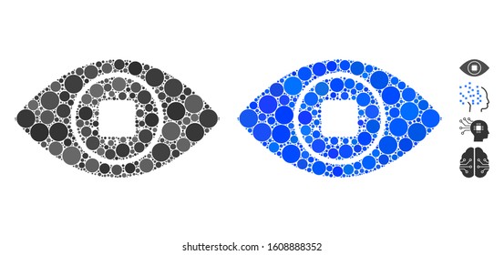 Bionic eye lens composition of small circles in different sizes and color tints, based on bionic eye lens icon. Vector small circles are united into blue collage.