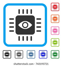 Bionic Eye Processor icon. Flat gray iconic symbol inside a light blue rounded frame. Black, gray, green, blue, red, orange color additional versions of Bionic Eye Processor vector.