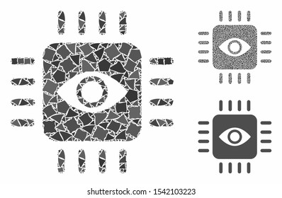 Bionic eye processor mosaic of uneven pieces in different sizes and color tones, based on bionic eye processor icon. Vector unequal pieces are grouped into mosaic.