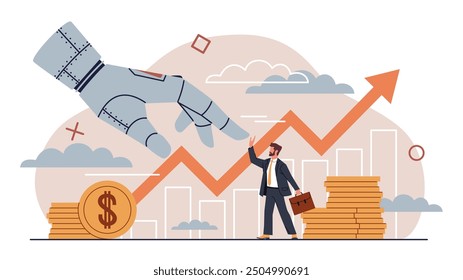 Bionic hand with business people. Successful human collaboration with artificial intelligence, growing schedules, price chart, cartoon flat isolated nowaday vector investment concept