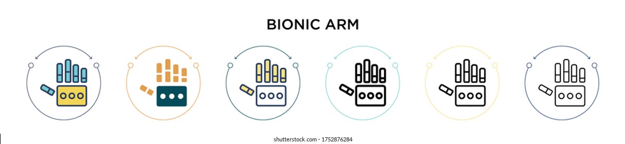 Bionic hand icon in filled, thin line, outline and stroke style. Vector illustration of two colored and black bionic arm vector icons designs can be used for mobile, ui, web