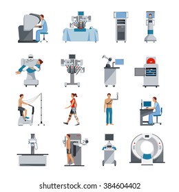 Bionic icons with surgical and diagnostic equipment robot assistant and people orthopedic prosthetics isolated vector illustration