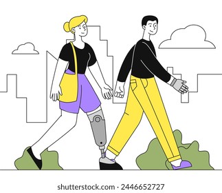 Bionic leg prosthesis linear. Woman with disability walk at city street. Active lifestyle and leisure. Citizens work at street. Simple flat vector illustration isolated on white background