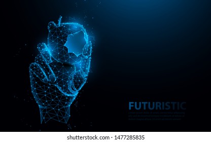 Bionic medical hand prosthesis, holding bite of apple. Metallic robot arm internal human. Future technology concept