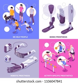 Bionic prosthesis 4 isometric icons concept with robotic limbs for specific activities brain controlled eye vector illustration 