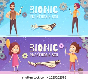 Bionic prosthesis banners collection with horizontal compositions of gear images editable text and human characters vector illustration