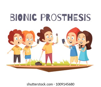 Bionic prosthesis composition with doodle style children characters boy with artificial hand and editable text vector illustration