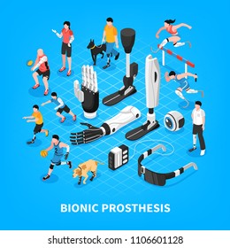 Bionic prothesis isometric composition with robotic arm athletic blade runners artificial limbs vision blue background vector illustration  