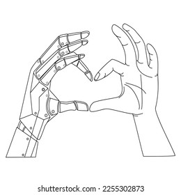 Bionic robot arm and human arm show heart together Line art drawing for logo,emblem,poster print template.Future technology and Artificial intelligence vector illustration.Robotic hand and human hand 