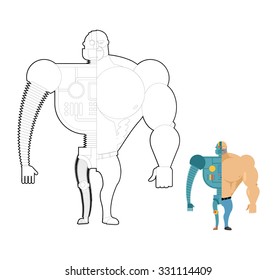 Bionic robot coloring book. Cyber-man of future. Iron skeleton and human body.