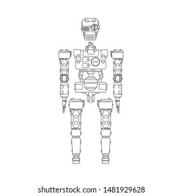 Bionic robot explorer, transportation line icon. Bionic industry labor equipment. Globalization factory futuristic technology. Safety transportation danger, radiation cargo. Automatic worker concept.