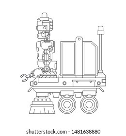 Bionic robot road cleaner, trash transportation line icon. Bionic industry labor equipment. Globalization factory futuristic technology. Safety automatic city cleaner system. Automatic worker concept.