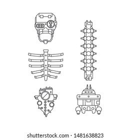 Bionic robot skull, spine, pelvic bone, rib cage, heart prosthesis line icon set. Bionic prosthesis limb. Biotechnology futuristic medicine. Medical artificial mechanical implant. Transplantation.