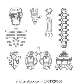 Bionic robot skull, spine, pelvic bone, rib cage, heart, arm, lungs prosthesis line icon set. Bionic prosthesis limb. Futuristic medicine. Medical artificial mechanical implant. Transplantation.