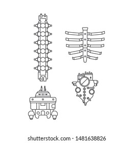 Bionic robot spine, pelvic bone, rib cage, heart prosthesis line icon set. Bionic prosthesis limb. Biotechnology futuristic medicine. Medical artificial mechanical implant symbol. Transplantation.