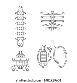 Bionic Robot, Spine, Pelvic Bone, Rib Cage And Lungs Prosthesis Line Icon Set. Bionic Prosthesis Limb. Futuristic Medicine Replacement Surgery. Medical Artificial Mechanical Implant. Transplantation.