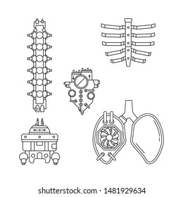 Bionic Robot, Spine, Pelvic Bone, Rib Cage, Heart And Lungs Prosthesis Line Icon Set. Bionic Prosthesis Limb. Futuristic Medicine Replacement Surgery. Medical Mechanical Implant. Transplantation.