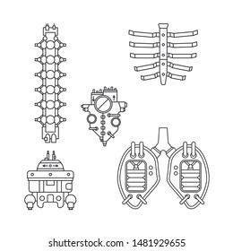 Bionic Robot, Spine, Pelvic Bone, Rib Cage, Heart And Lungs Prosthesis Line Icon Set. Bionic Prosthesis Limb. Futuristic Medicine Replacement Surgery. Medical Mechanical Implant. Transplantation.