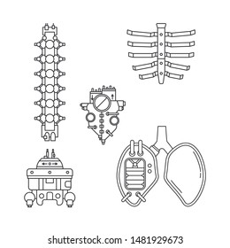 Bionic Robot, Spine, Pelvic Bone, Rib Cage, Heart And Lungs Prosthesis Line Icon Set. Bionic Prosthesis Limb. Futuristic Medicine Replacement Surgery. Medical Mechanical Implant. Transplantation.