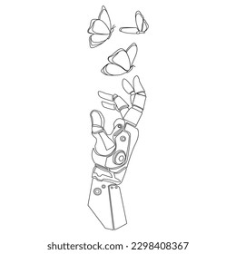 Bionic robotic hand touches flying butterflies Line art drawing for logo,emblem,print,poster template,vector illustration. artificial intelligence concept. Bionic arm sketch liner design