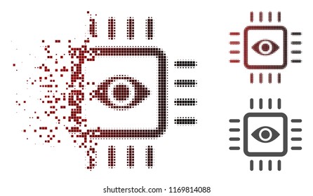 Bionic vision chip icon in sparkle, pixelated halftone and undamaged entire variants. Pixels are combined into vector disappearing bionic vision chip symbol.