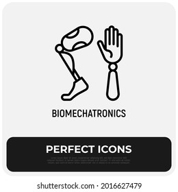 Bionics, biomechatronics thin line icon, prothesis of hand and leg for disabled people. Modern vector illustration.