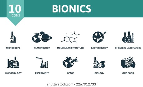Bionics Icon Set. Monochrome einfache Bionics-Icon-Sammlung. Mikroskop, Planetologie, Molekulare Struktur, Bakteriologie, chemisches Labor, Mikrobiologie, Experiment, Weltraum, Biologie, GVO-Lebensmittelsymbol