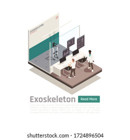 Bionics technology isometric composition with specialists researching  in laboratory new prototype of medical exoskeleton vector illustration