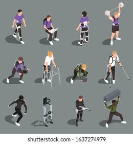 Bionics Technology Isometric Icons Set Of People In Exoskeleton Suits Engaged In Sports Hard Work Or Walking Isolated Vector Illustration