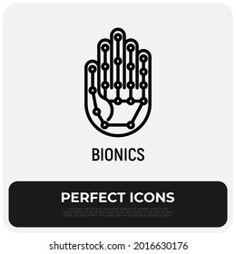 Bionics thin line icon, robotic hand, bioengineering, body replacement. Mechanical prosthesis, Modern vector illustration.