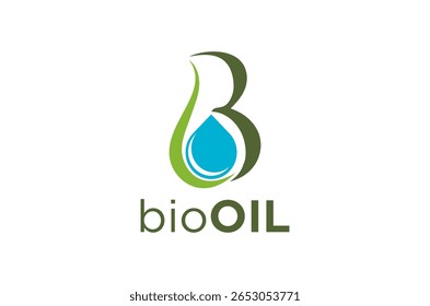 BioOil logo showcasing a blue drop within a initial B letter green leaf, healthcare medical vector illustration.