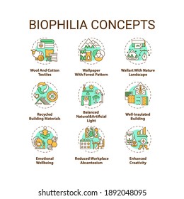 Biophilia concept icons set. Productivity in office. Emotional wellness. Indoor environment for healthy living idea thin line RGB color illustrations. Vector isolated outline drawings. Editable stroke