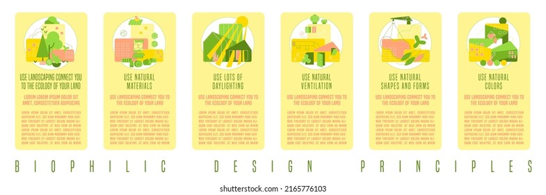 Biophilia design principles. Building green houses. Integration of nature into architecture. Feel-good concept. Sustainable energy. Modern construction. Vector illustration on a white background.