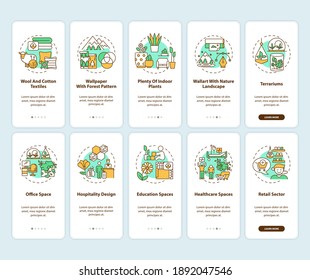 Biophilia onboarding mobile app page screen with concepts set. Natural materials. Healthy indoor environment walkthrough 5 steps graphic instructions. UI vector template with RGB color illustrations