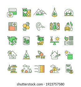 Biophilia RGB color icons set. Cotton material. Forest wallpaper. Mountains with woods. Green home. Interior design decoration, terrarium and plants. Solar energy. Isolated vector illustrations