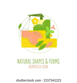 Biophilia sign. Building green houses. Integration of nature into architecture. Feel-good concept. Sustainable living. Modern construction. Editable vector illustration isolated on a white background.