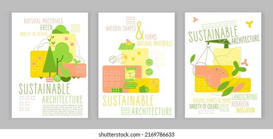 Biophilia vertical posters set. Building green houses. Integration of nature into architecture. Feel-good concept. Sustainable energy. Modern construction. Vector illustration on a white background.