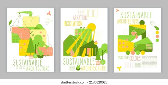 Biophilia vertical posters set. Building green houses. Integration of nature into architecture. Feel-good concept. Sustainable energy. Modern construction. Vector illustration on a white background.