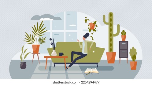 Biophilic design with green potted indoor house plants tiny person concept. Stylish apartment interior decorations with botanical and natural floral elements vector illustration. Cozy home style.