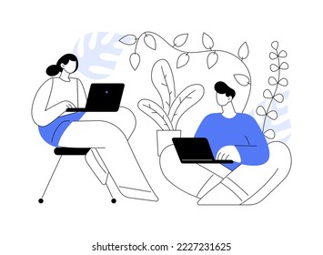 Biophilic design in workspace abstract concept vector illustration. Biophilic room, eco-friendly workspace, green office design trend, bring outdoors indoors, vertical garden abstract metaphor.