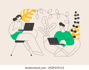 Biophilic design in workspace abstract concept vector illustration. Biophilic room, eco-friendly workspace, green office design trend, bring outdoors indoors, vertical garden abstract metaphor.