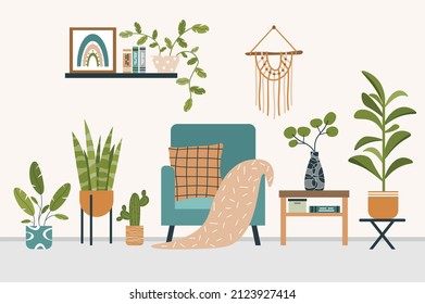 Biophilic interior design. Cozy living room interior. Chair among different plants. Pillow and plaid on armchair. Macrame hangs on wall. Flat vector illustration on white isolated background.