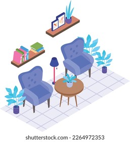 Biophilic learning space isometric concept, psychiatrist office vector color icon design, Green Office symbol, Eco Friendly Workspace sign, Modern furnishing element stock illustration