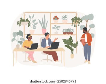 Biophilic office isolated cartoon vector illustrations. Group of diverse people working in natural surroundings smart office, modern workplace, many plants, vertical garden vector cartoon.